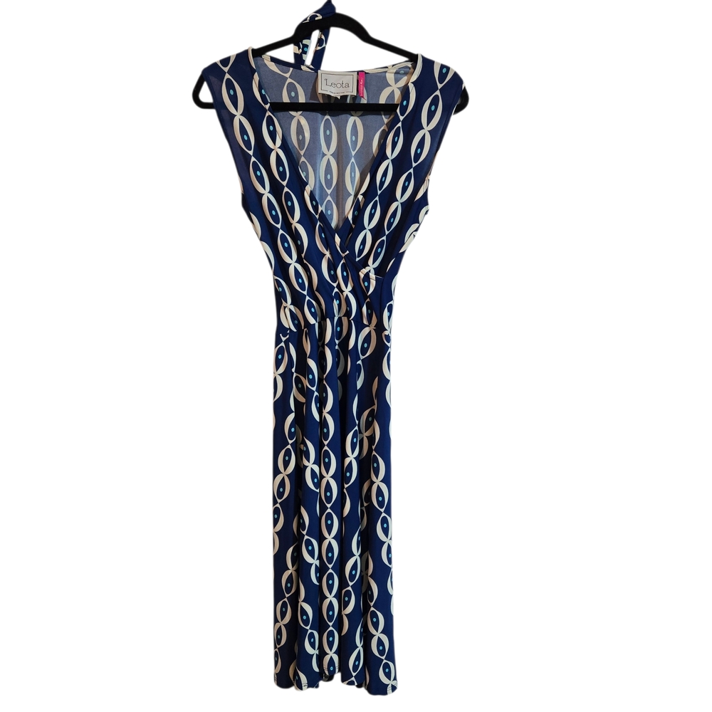 Leota XS Blue and White Geometric Midi Dress